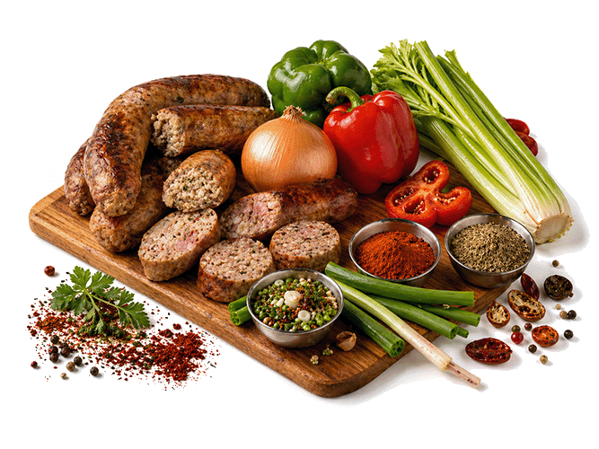 Boudin, andouille, onions, peppers, celery, green onions, and Cajun spices on a cutting board