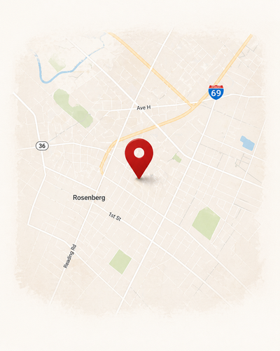 Stylized map of Rosenberg with red location pin
